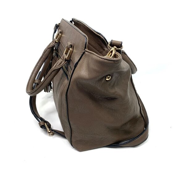 MODA LUXE Faux Leather Satchel with Tassel Brown/Gold Polka Dot Lining - Picture 5 of 12